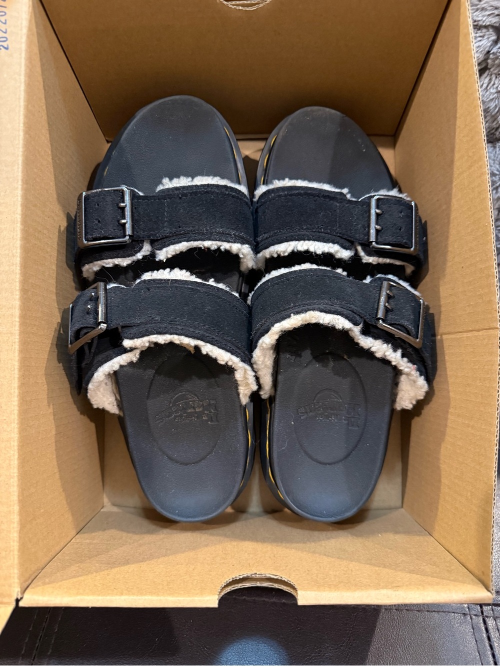 Dr. Martens Airwaves Black Myles Suede/Shearling Buckle Slide